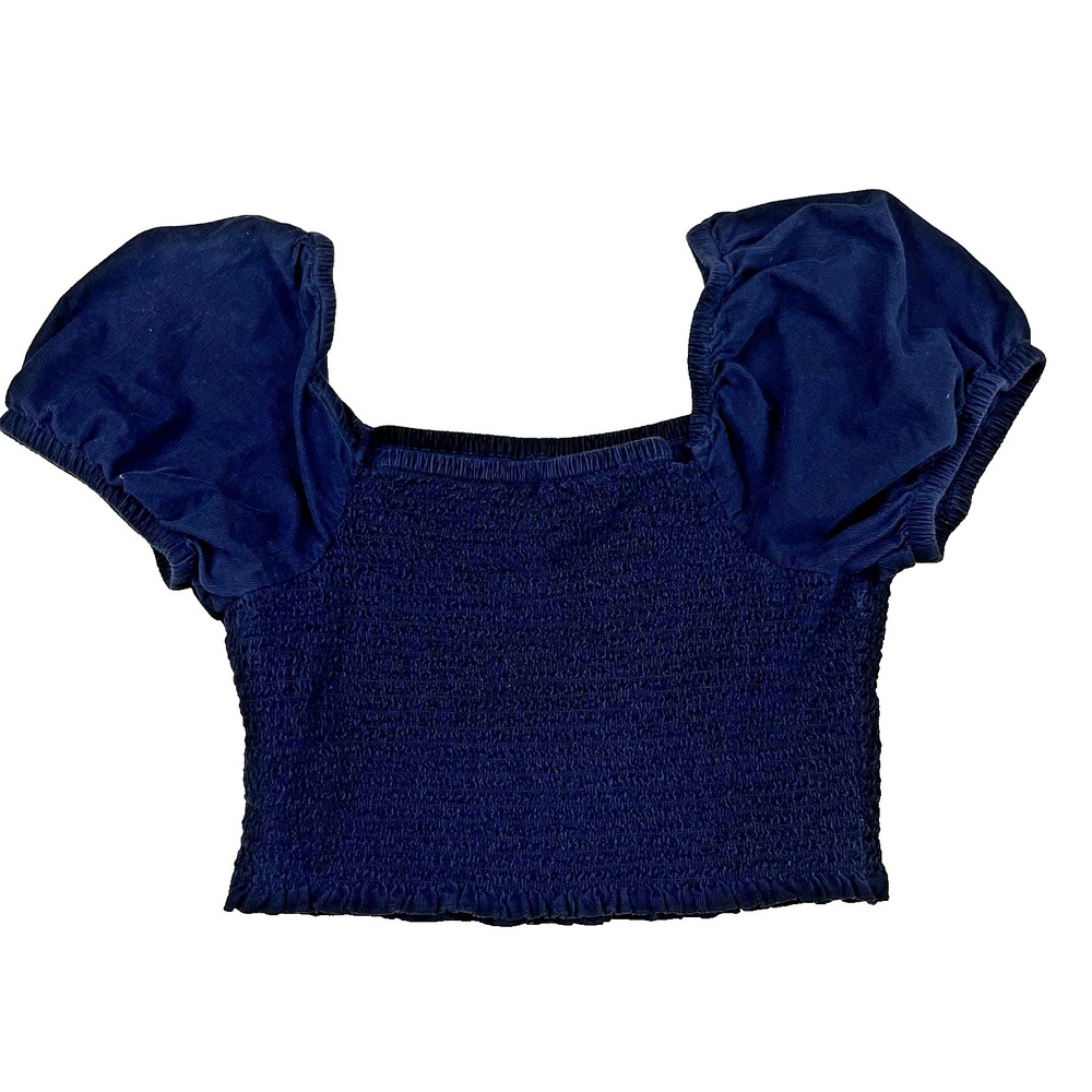 American Eagle Navy ‎ Corduroy Puff Sleeve Smocked Top SZ Med Cottagecore Preppy - Picture 9 of 10